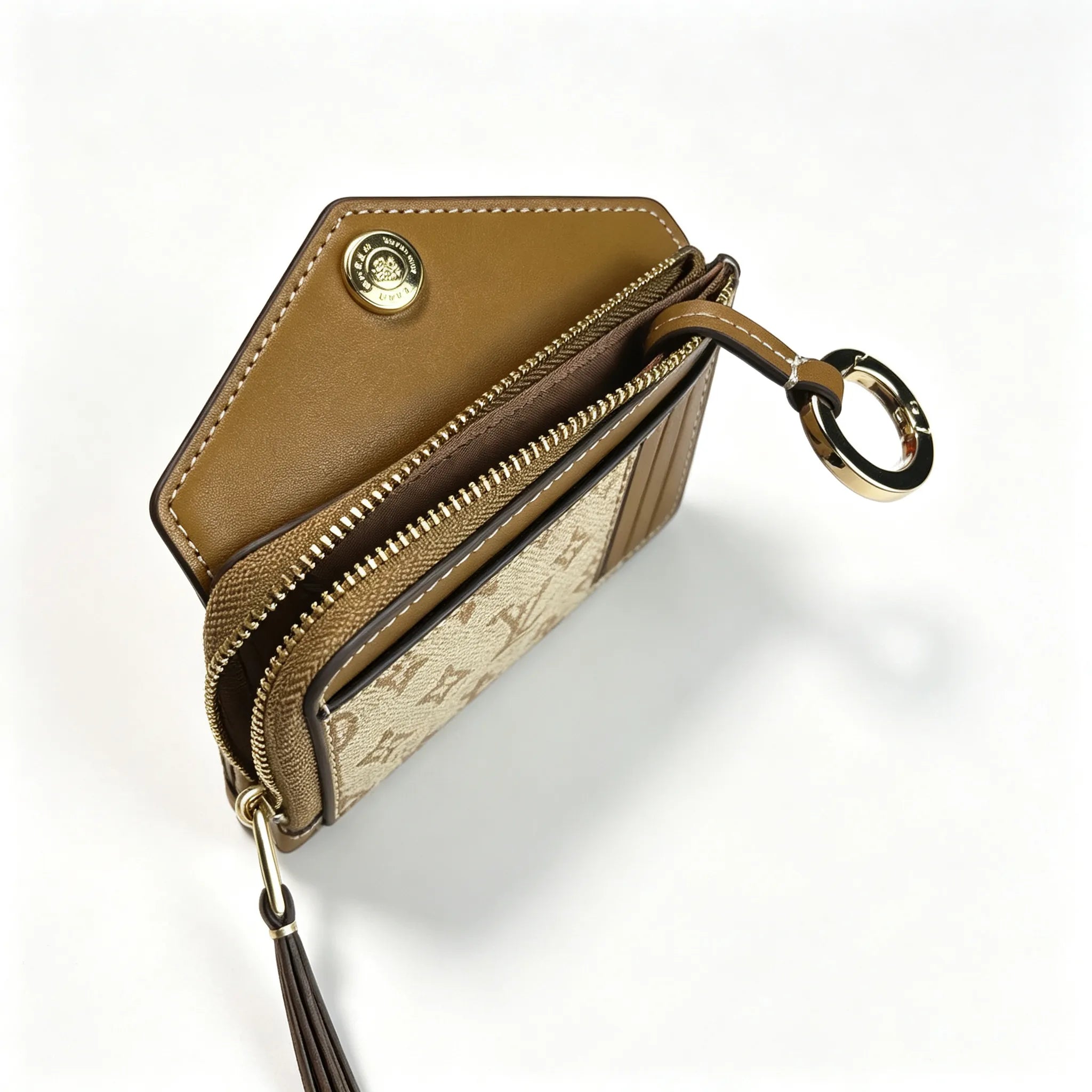 Tory Burch T-pattern keychain card holder | Hazelnut brown canvas with letter pattern multi-card slots comes with a detachable wrist strap  T-pattern keychain card holder