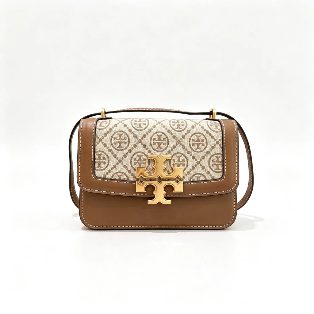 Tory Burch Eleanor  beige and brown jacquard fabric with adjustable leather shoulder strap women's style