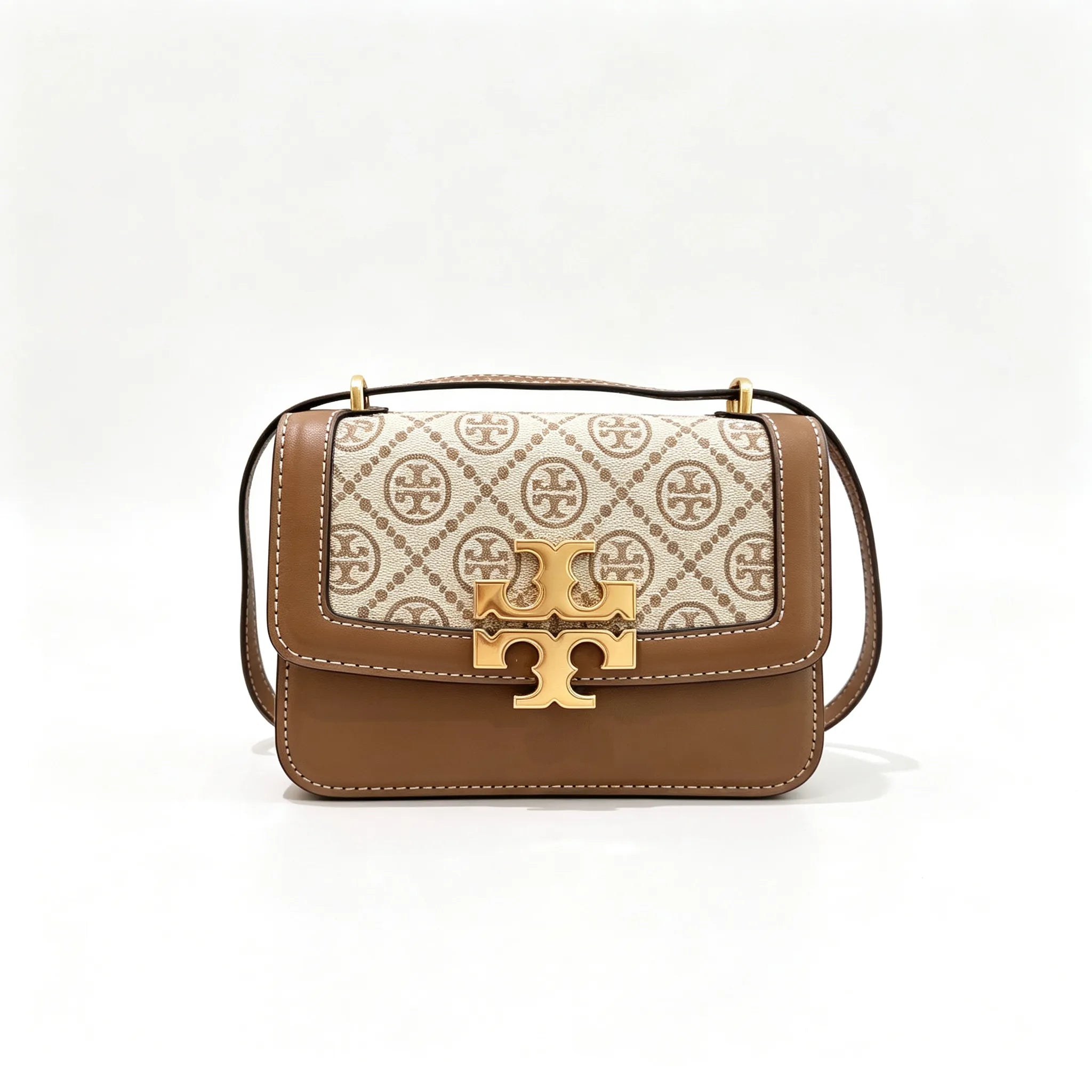 Tory Burch Eleanor  beige and brown jacquard fabric with adjustable leather shoulder strap women's style