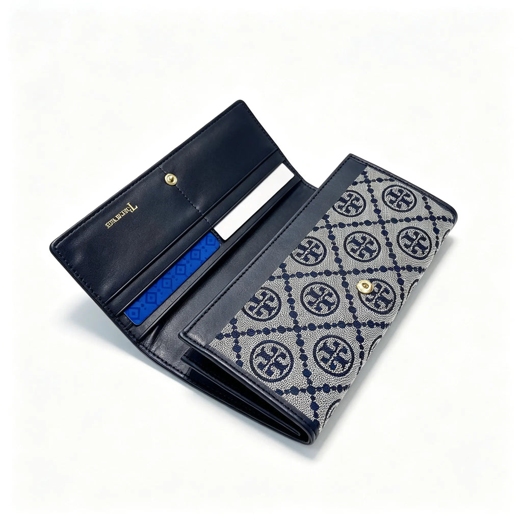 Tory Burch T Monogram Navy Blue and Beige Monogram Canvas Foldable Women's Clutch