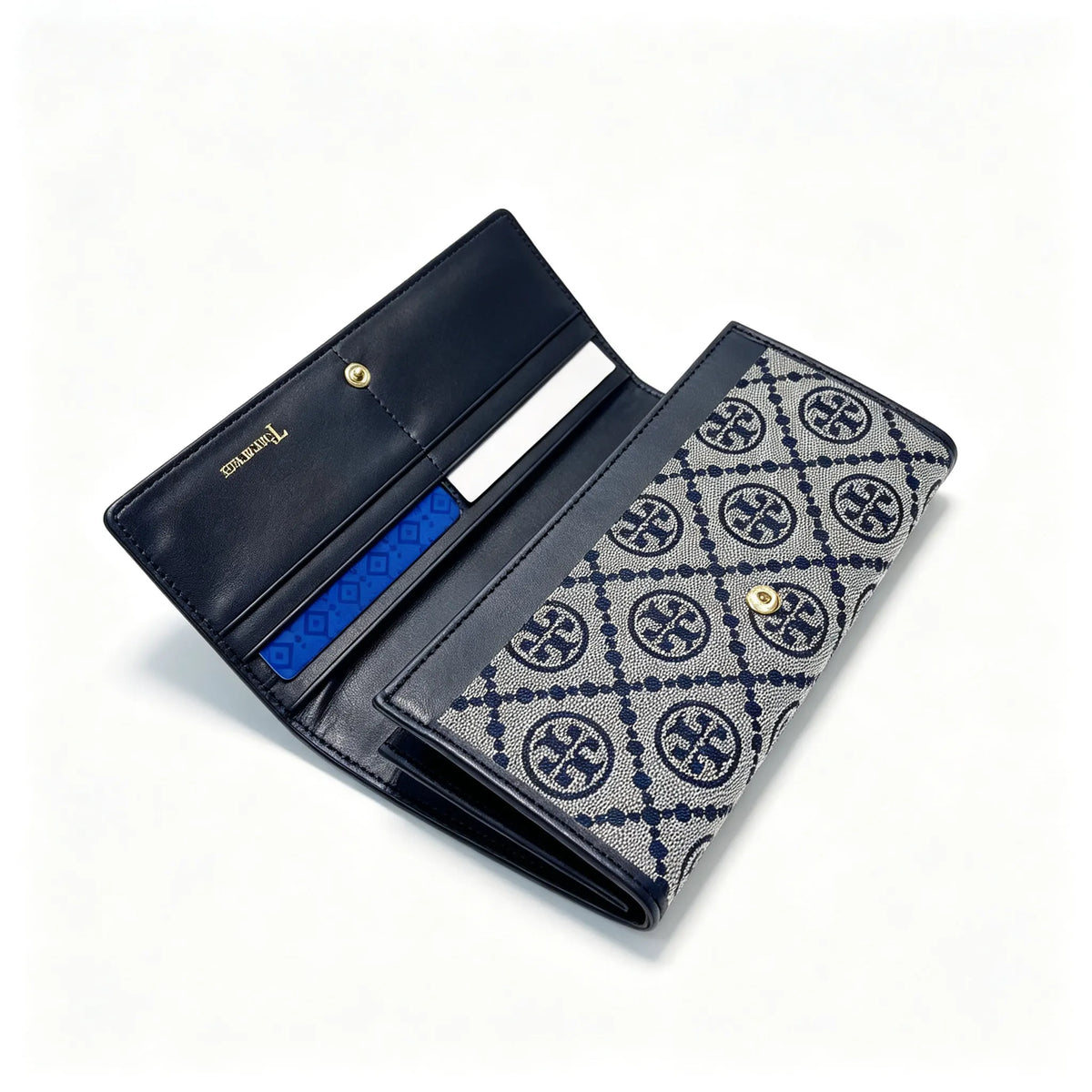 Tory Burch T Monogram Navy Blue and Beige Monogram Canvas Foldable Women's Clutch