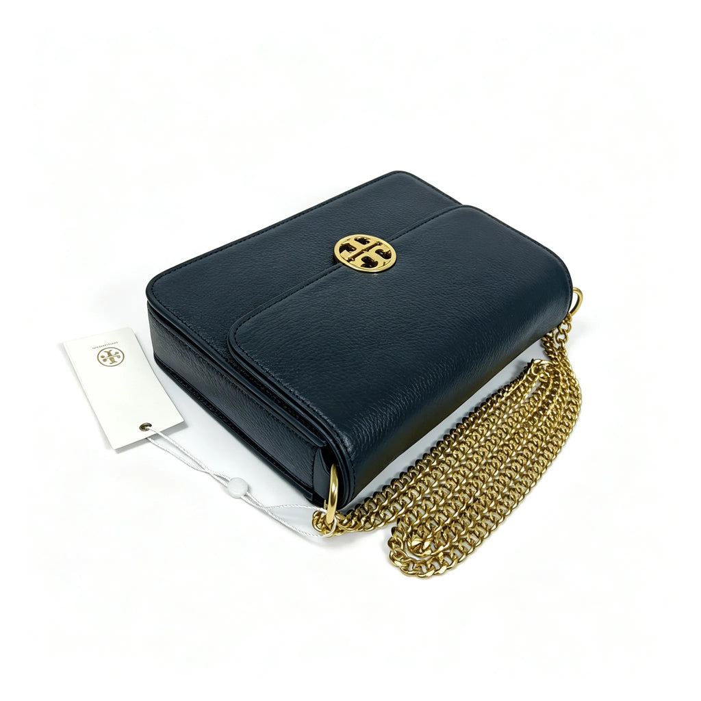 Tory Burch Chelsea | Black pebbled leather with a detachable chain and leather shoulder strap multiple carrying options women's designer handbag