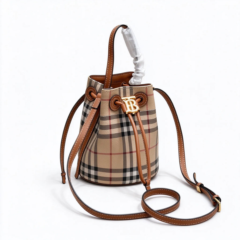Burberry Mini Vintage Check Bucket Bag Archive Beige | TB Monogram Drawstring Calfskin Leather Mini Shoulder Crossbody Bag Women's