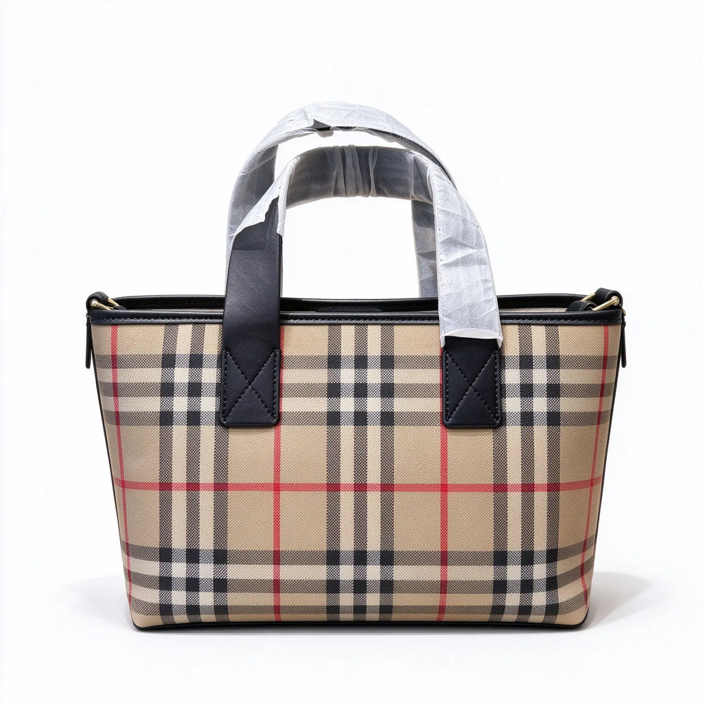Burberry House Check Tartan Canvas Tote Bag | Black Leather Trim Zip-Top Shoulder Bag — Archive Beige/Black