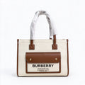 Burberry Freya Horseferry Canvas Tote Bag | Logo Printed Leather Trim Top Handle Shoulder Bag — Natural/Tan