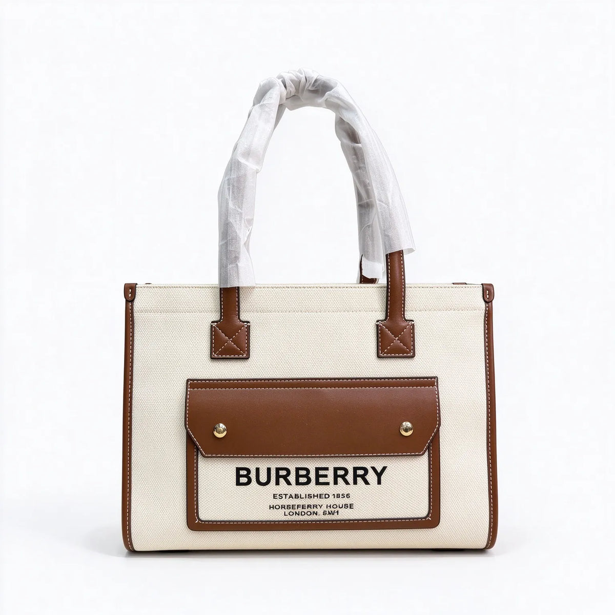 Burberry Freya Horseferry Canvas Tote Bag | Logo Printed Leather Trim Top Handle Shoulder Bag — Natural/Tan