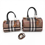 Burberry House Check Bowling Bag | Classic Tartan Canvas Boston Handbag with Leather Trim & Shoulder Strap — Brown/Black