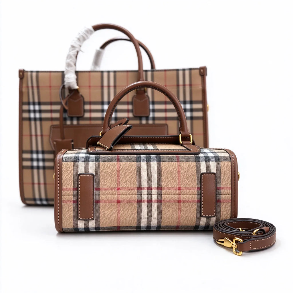 Burberry Freya Vintage Check Tote Bag | Canvas Leather Top Handle & Crossbody Shoulder Bag - Archive Beige