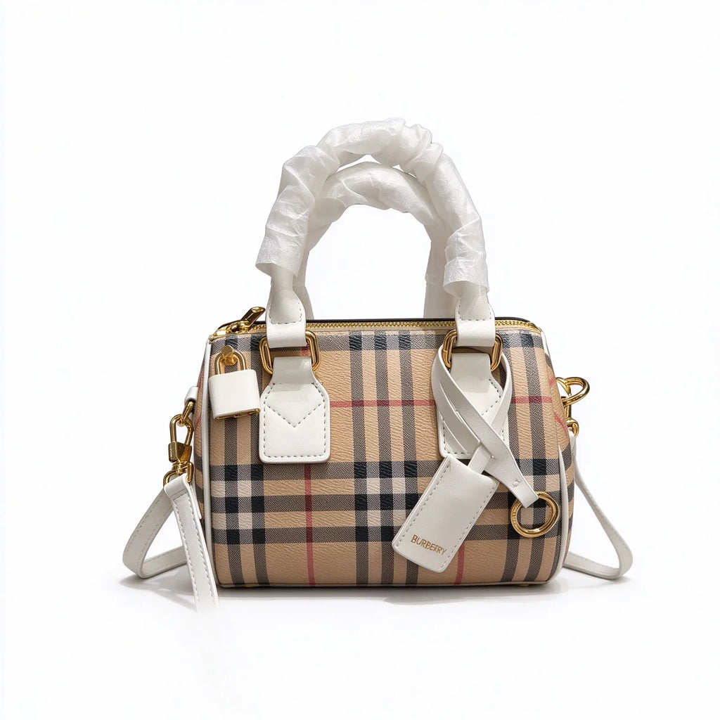Burberry Vintage Check Mini Boston Bag | Grained Leather Trim Barrel Shoulder Crossbody Bag — Archive Beige/Chalk White