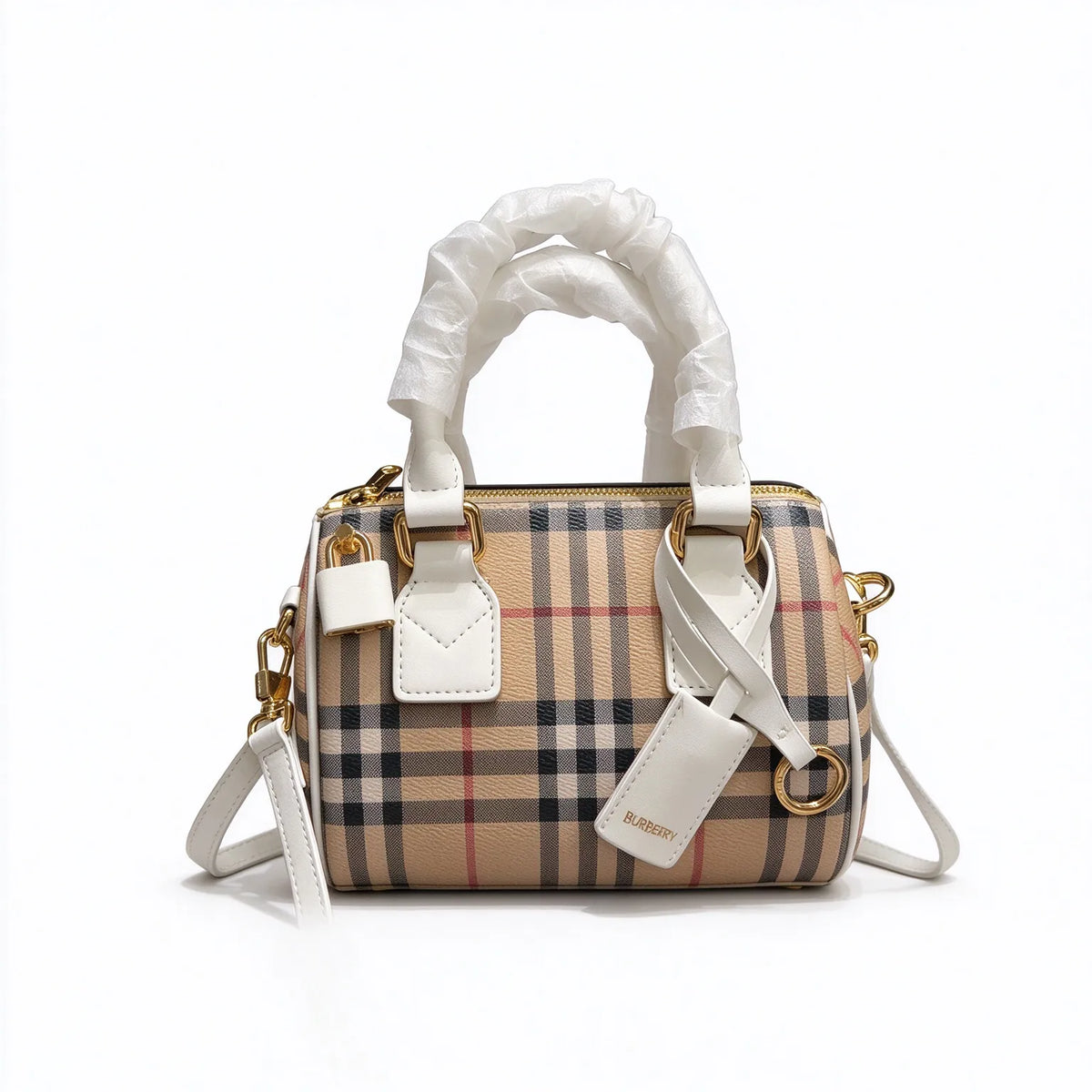 Burberry Vintage Check Mini Boston Bag | Grained Leather Trim Barrel Shoulder Crossbody Bag — Archive Beige/Chalk White