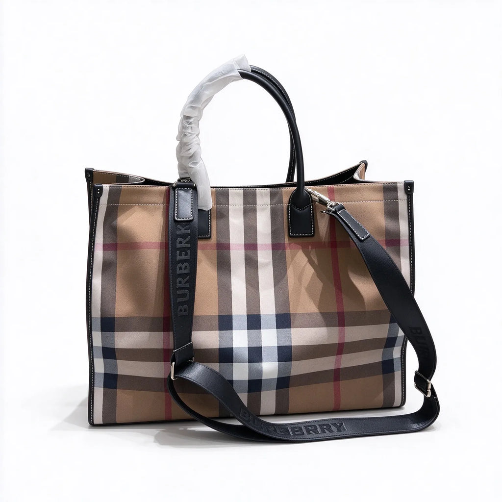 Burberry Large Vintage Check Tote Bag | Logo Woven Strap Commuter Laptop Bag — Archive Beige/Black