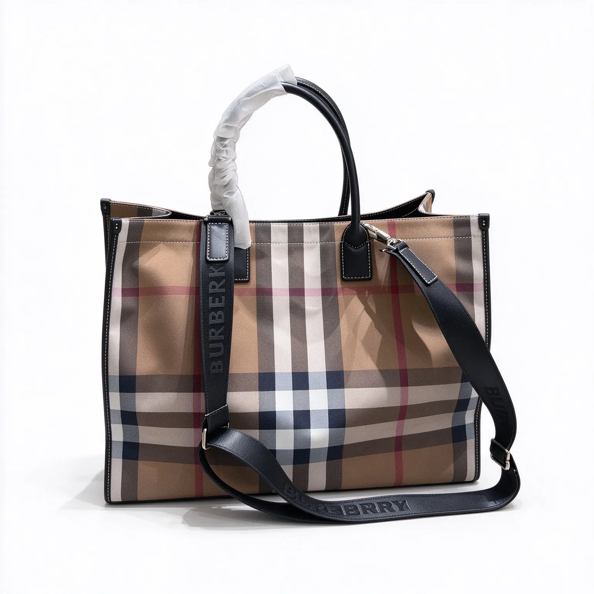 Burberry Large Vintage Check Tote Bag | Logo Woven Strap Commuter Laptop Bag — Archive Beige/Black