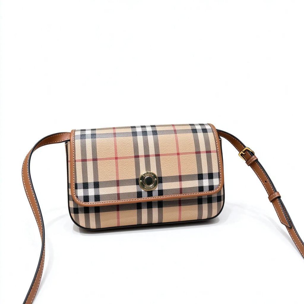 Burberry Classic Vintage Check Crossbody Bag | Small Leather Trim Flap Shoulder Bag for Women - Beige (20x15cm)