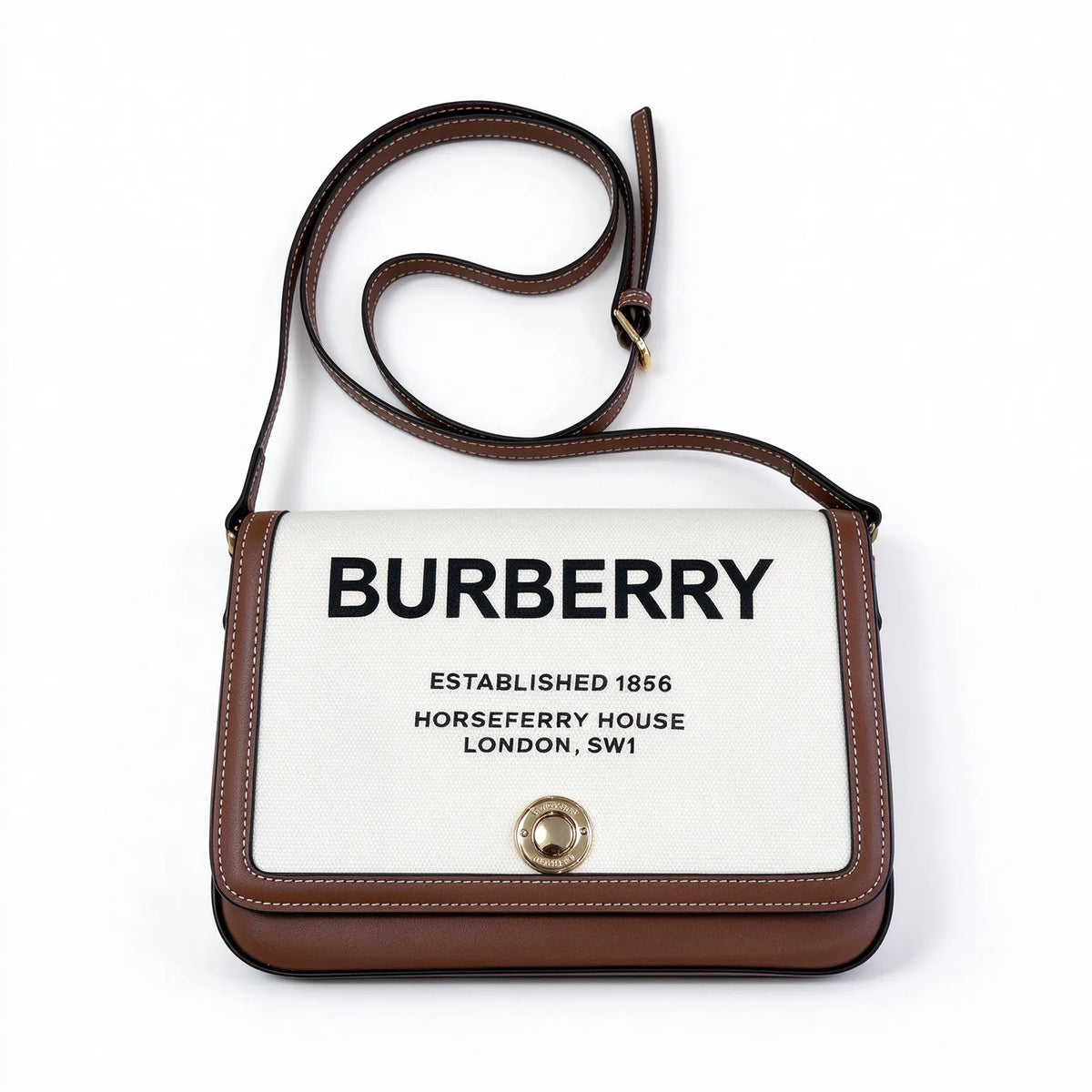 Burberry Horseferry Canvas Crossbody Bag | Logo Printed Leather Trim Flap Shoulder Bag — Natural/Brown