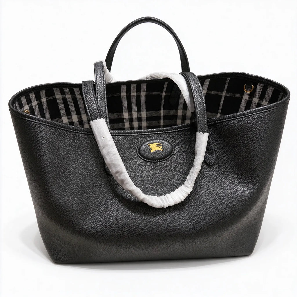 Burberry Reversible Bloomsbury Medium Tote Bag | Black Grainy Leather & Vintage Check