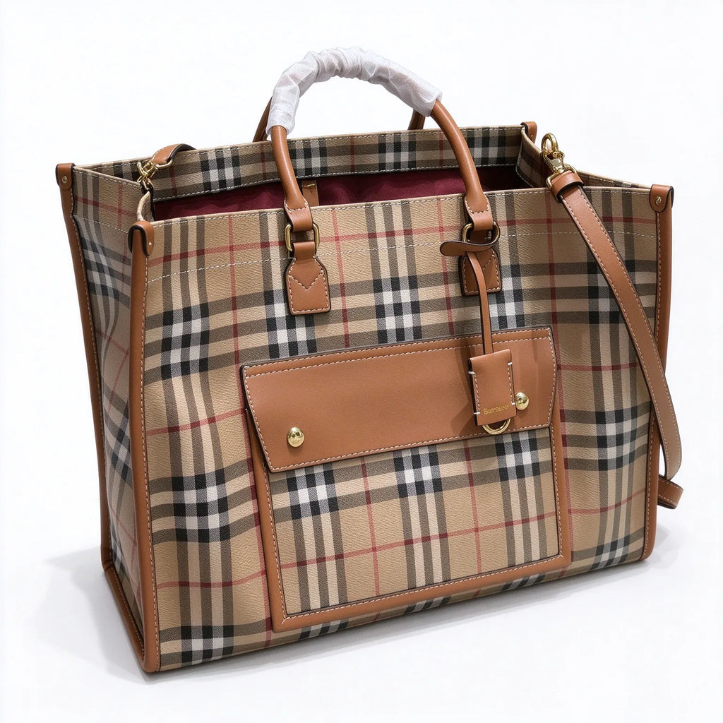 Burberry Freya Vintage Check Large Tote Bag | Canvas Leather Top Handle & Shoulder Bag — Archive Beige