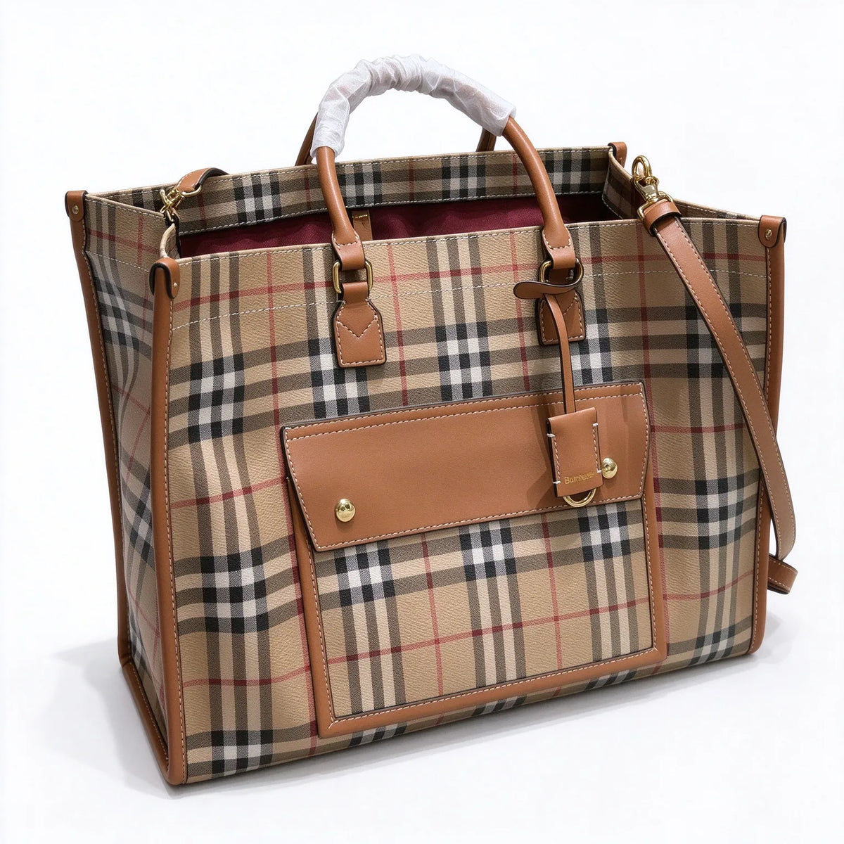 Burberry Freya Vintage Check Large Tote Bag | Canvas Leather Top Handle & Shoulder Bag — Archive Beige