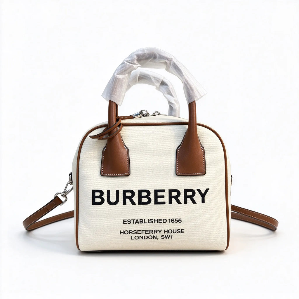 Burberry Mini Boston Bag Horseferry Canvas Leather Trim Dome Bowling Shoulder Bag