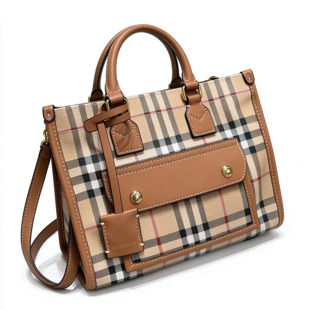 Burberry Freya Vintage Check Mini Tote Bag | Compact Canvas Leather Top Handle Crossbody — Archive Beige/Briar Brown