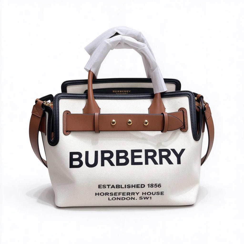 Burberry Horseferry Canvas Tote Bag | Logo Shopper with Brown Leather Strap & Black Trim — Natural/Tan/Black
