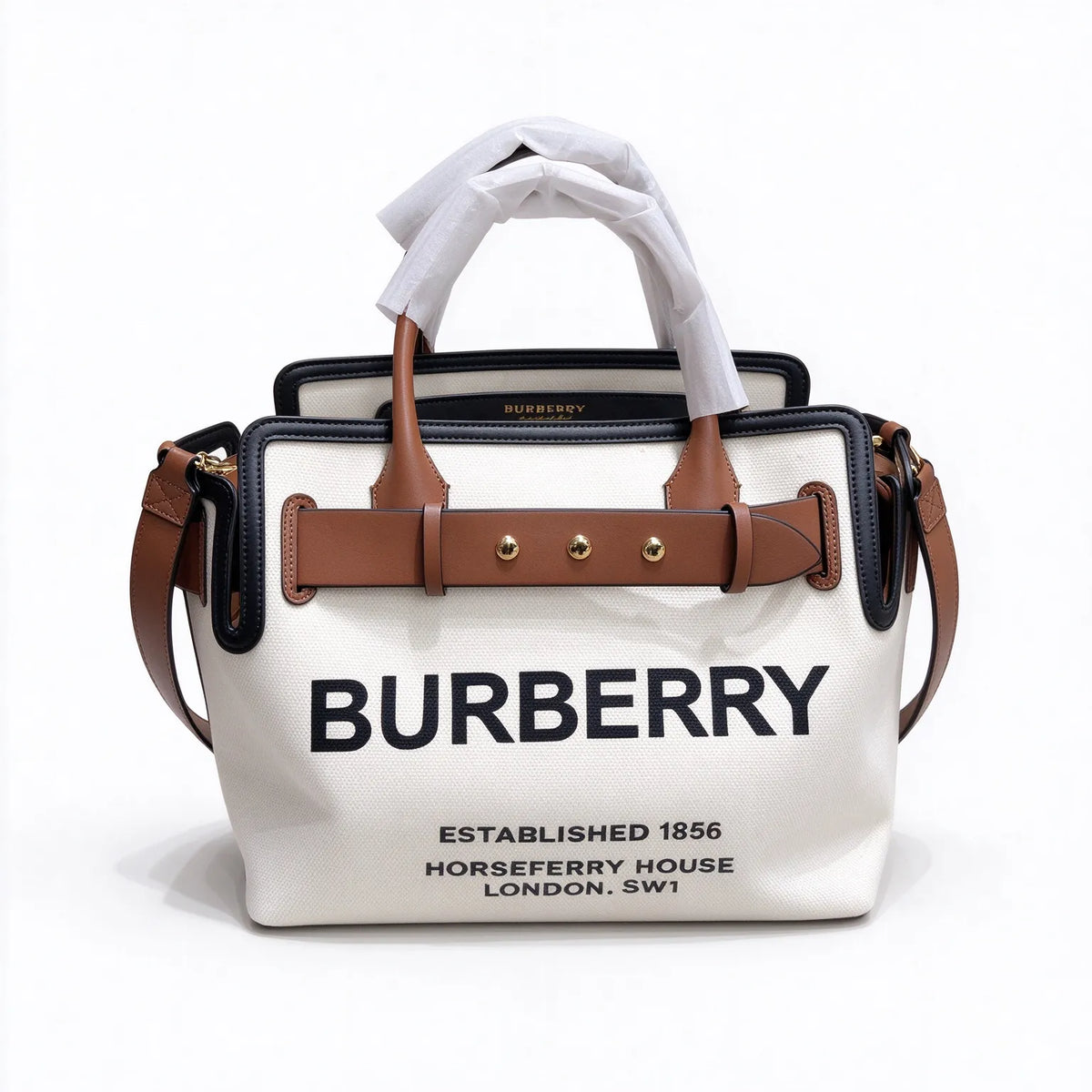 Burberry Horseferry Canvas Tote Bag | Logo Shopper with Brown Leather Strap & Black Trim — Natural/Tan/Black