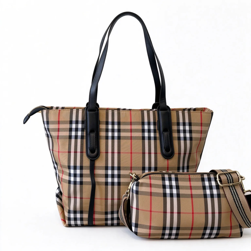 Burberry Nova Check Large Tote Bag with Matching Pouch Set | 2-in-1 Canvas Leather Shopper Shoulder Bag — Archive Beige/Black