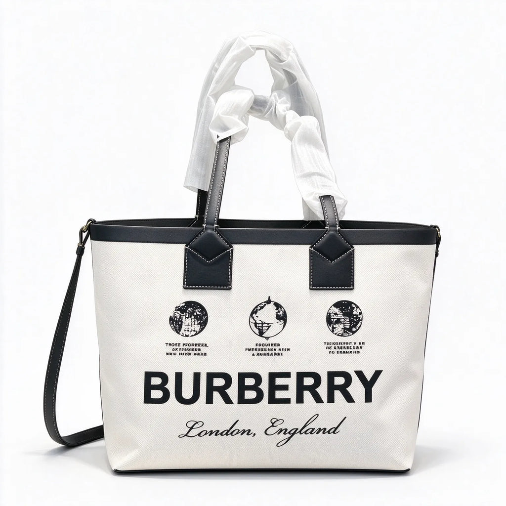 Burberry London Canvas Tote Bag Globe Print Leather Trim Shoulder Shopping Bag