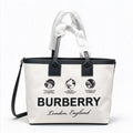 Burberry London Canvas Tote Bag Globe Print Leather Trim Shoulder Shopping Bag