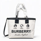 Burberry London Canvas Tote Bag Globe Print Leather Trim Shoulder Shopping Bag