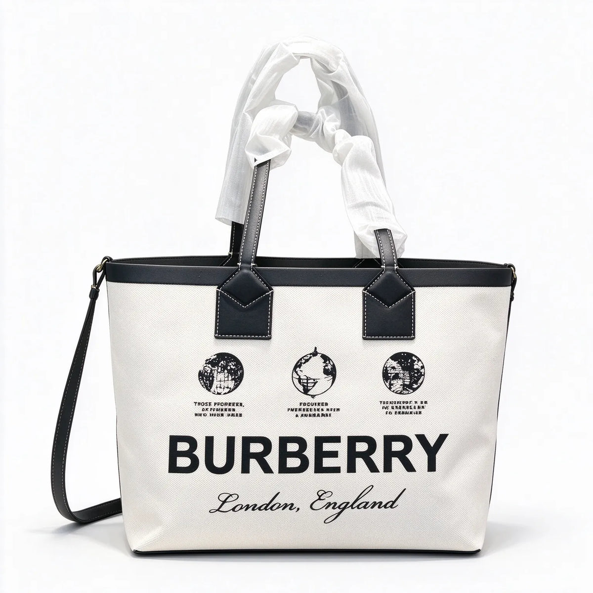 Burberry London Canvas Tote Bag Globe Print Leather Trim Shoulder Shopping Bag