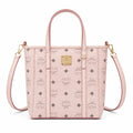 MCM Pink Visetos Monogram Mini Tote Bag | Gold-Tone Hardware + Removable Crossbody Strap — Designer Leather Top-Handle Bag