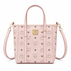 MCM Pink Visetos Monogram Mini Tote Bag | Gold-Tone Hardware + Removable Crossbody Strap — Designer Leather Top-Handle Bag