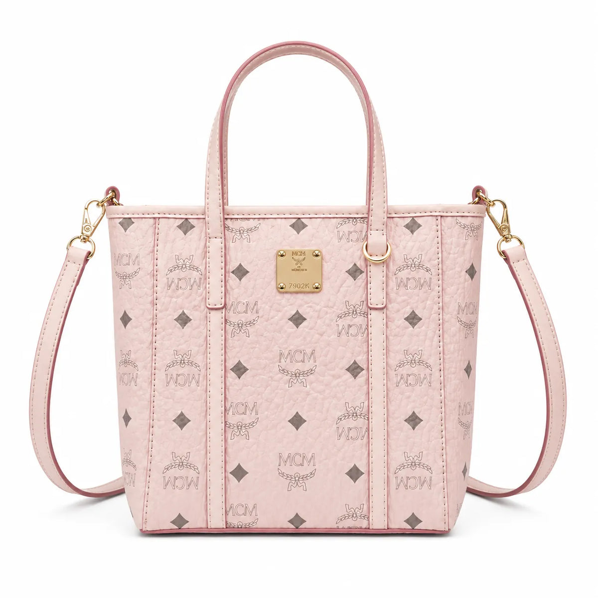 MCM Pink Visetos Monogram Mini Tote Bag | Gold-Tone Hardware + Removable Crossbody Strap — Designer Leather Top-Handle Bag