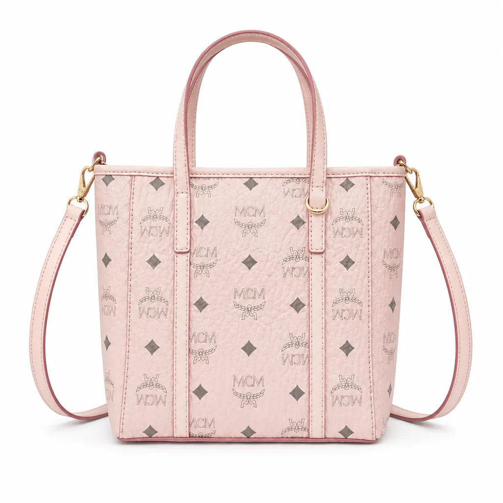 MCM Pink Visetos Monogram Mini Tote Bag | Gold-Tone Hardware + Removable Crossbody Strap — Designer Leather Top-Handle Bag