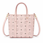 MCM Pink Visetos Monogram Mini Tote Bag | Gold-Tone Hardware + Removable Crossbody Strap — Designer Leather Top-Handle Bag
