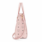 MCM Pink Visetos Monogram Mini Tote Bag | Gold-Tone Hardware + Removable Crossbody Strap — Designer Leather Top-Handle Bag