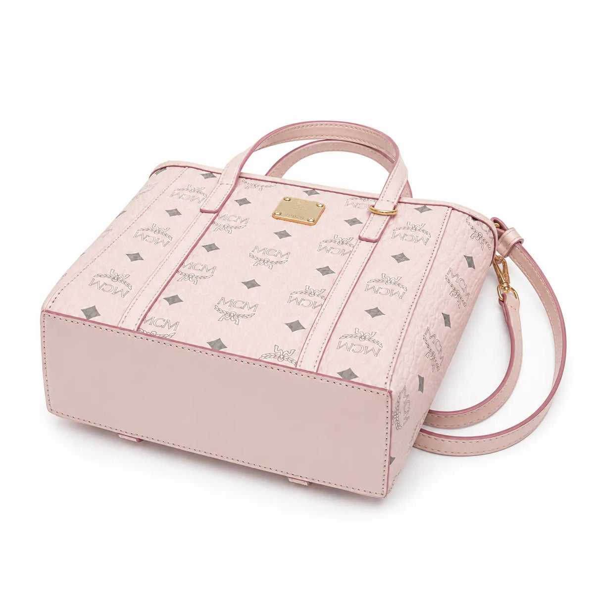 MCM Pink Visetos Monogram Mini Tote Bag | Gold-Tone Hardware + Removable Crossbody Strap — Designer Leather Top-Handle Bag