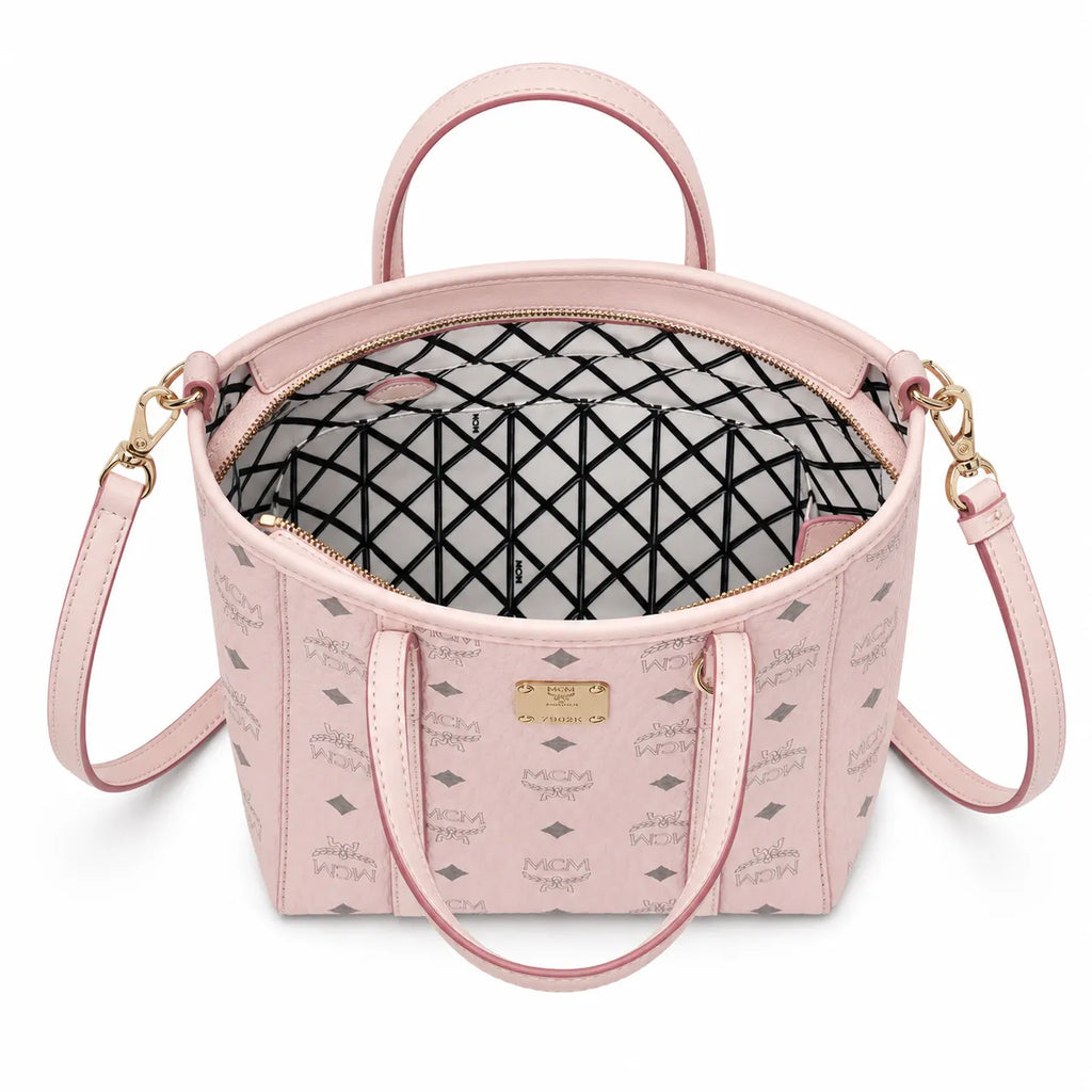 MCM Pink Visetos Monogram Mini Tote Bag | Gold-Tone Hardware + Removable Crossbody Strap — Designer Leather Top-Handle Bag