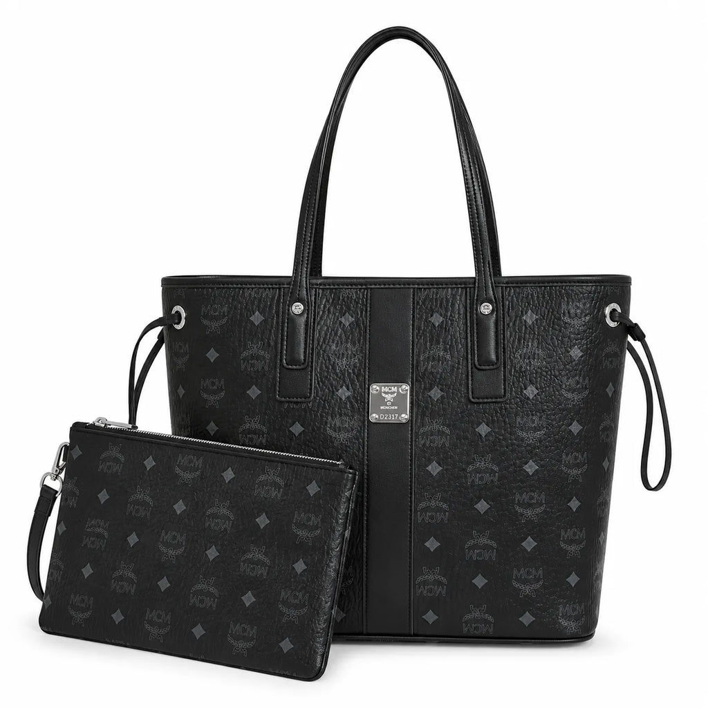 MCM Black Visetos Monogram Liz Tote Bag Set | Detachable Matching Clutch | Black-on-Black Subtle Monogram Designer Top-Handle Work Bag