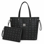MCM Black Visetos Monogram Liz Tote Bag Set | Detachable Matching Clutch | Black-on-Black Subtle Monogram Designer Top-Handle Work Bag