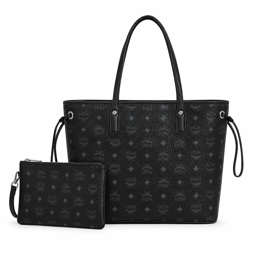 MCM Black Visetos Monogram Liz Tote Bag Set | Detachable Matching Clutch | Black-on-Black Subtle Monogram Designer Top-Handle Work Bag