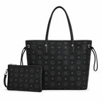 MCM Black Visetos Monogram Liz Tote Bag Set | Detachable Matching Clutch | Black-on-Black Subtle Monogram Designer Top-Handle Work Bag