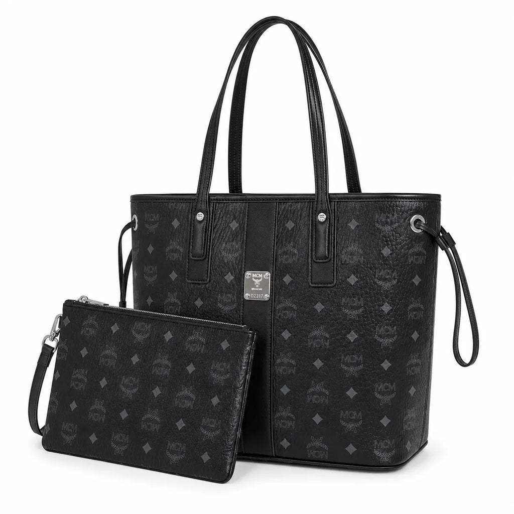 MCM Black Visetos Monogram Liz Tote Bag Set | Detachable Matching Clutch | Black-on-Black Subtle Monogram Designer Top-Handle Work Bag