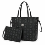 MCM Black Visetos Monogram Liz Tote Bag Set | Detachable Matching Clutch | Black-on-Black Subtle Monogram Designer Top-Handle Work Bag