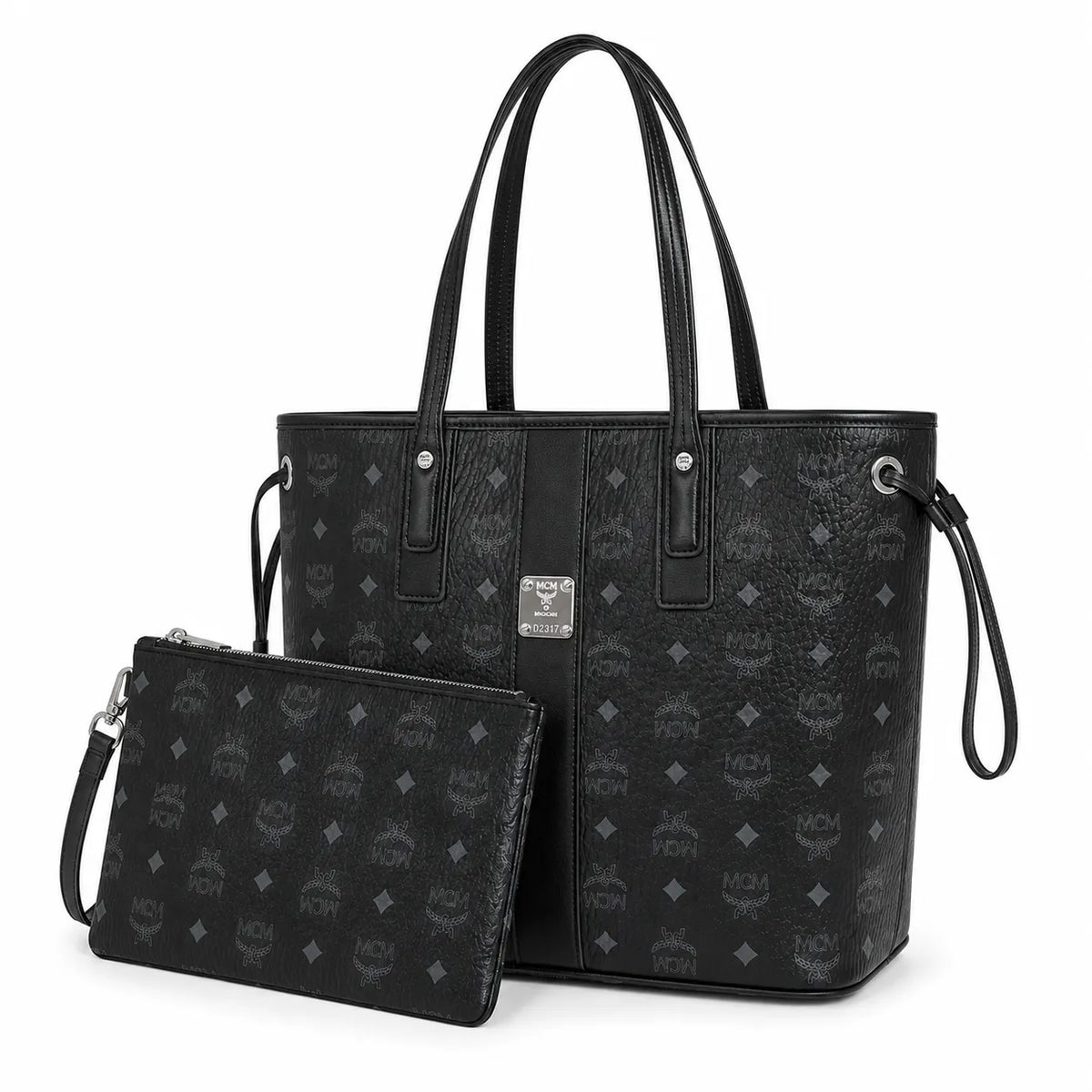 MCM Black Visetos Monogram Liz Tote Bag Set | Detachable Matching Clutch | Black-on-Black Subtle Monogram Designer Top-Handle Work Bag