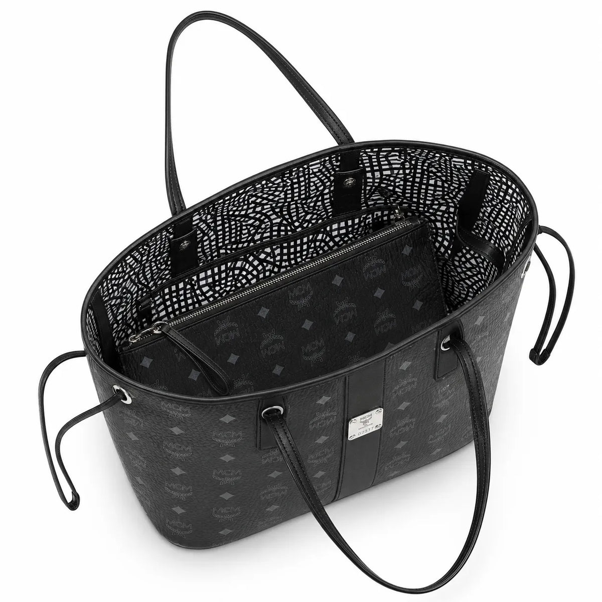MCM Black Visetos Monogram Liz Tote Bag Set | Detachable Matching Clutch | Black-on-Black Subtle Monogram Designer Top-Handle Work Bag