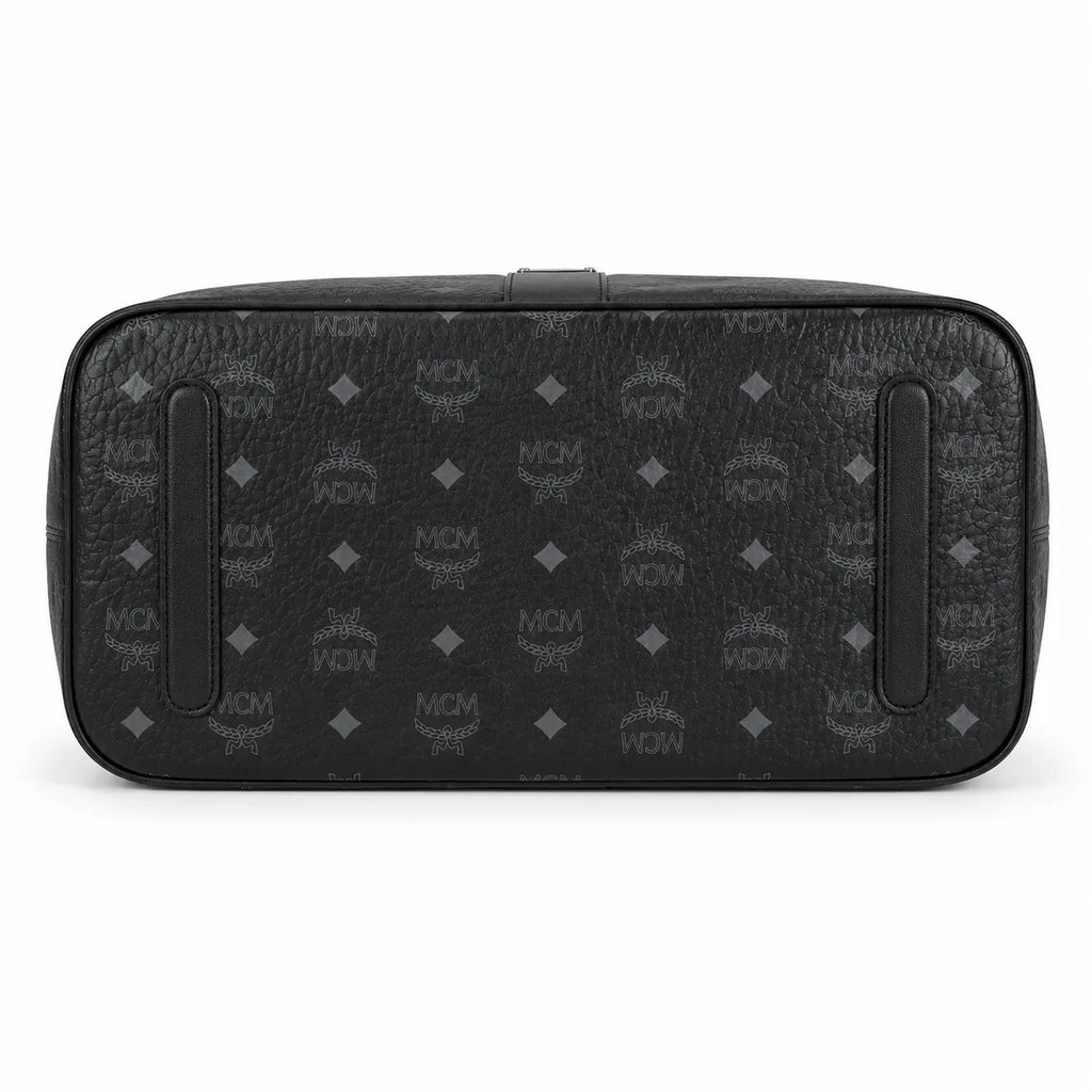 MCM Black Visetos Monogram Liz Tote Bag Set | Detachable Matching Clutch | Black-on-Black Subtle Monogram Designer Top-Handle Work Bag