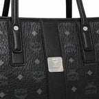 MCM Black Visetos Monogram Liz Tote Bag Set | Detachable Matching Clutch | Black-on-Black Subtle Monogram Designer Top-Handle Work Bag