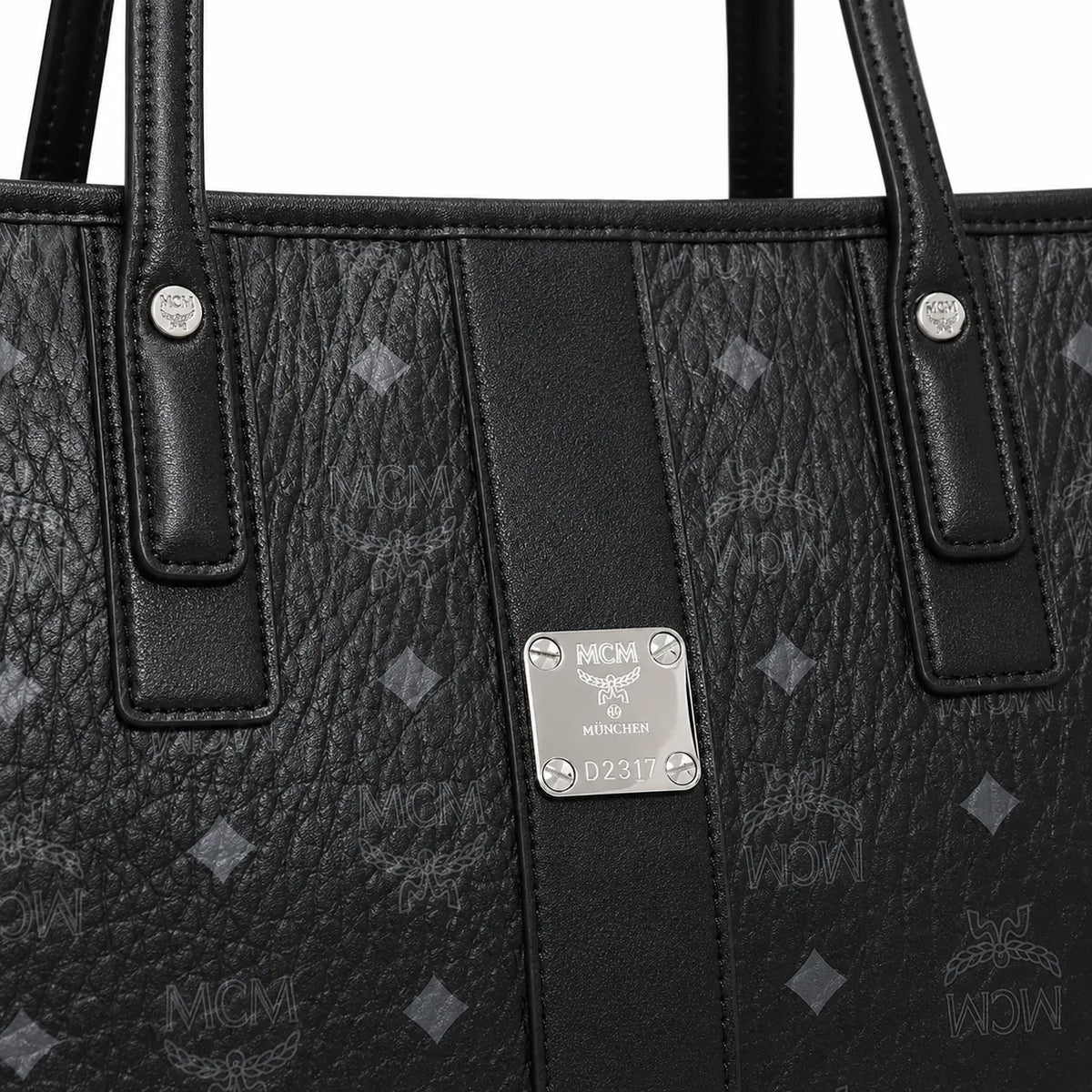 MCM Black Visetos Monogram Liz Tote Bag Set | Detachable Matching Clutch | Black-on-Black Subtle Monogram Designer Top-Handle Work Bag
