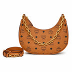 MCM Visetos Half Moon Shoulder Bag | Cognac Monogram with Chunky Gold Chain & Detachable Leather Strap